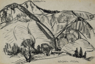 Konrad Sommer: Blick auf die Königalm, 11.3.1964, Kohle, Bleistift auf Papier, 17,3 x 25,4 cm, bez.u.r.: Königalm 11.3.64.