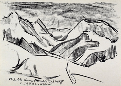 Konrad Sommer: Kampen, Hirschberg vom Schildenstein, 11.3.1964, Kohle auf Papier, bez.u.l.: 11.3.64. Kampen Hirschberg v. Schildenstein    