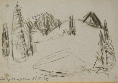 Konrad Sommer: Spitzkampen, 18.3.1964, Kohle, Bleistift auf Papier, 17,3 x 24,3 cm, bez. u.l.:  Spitzkampen 18.3.64.
