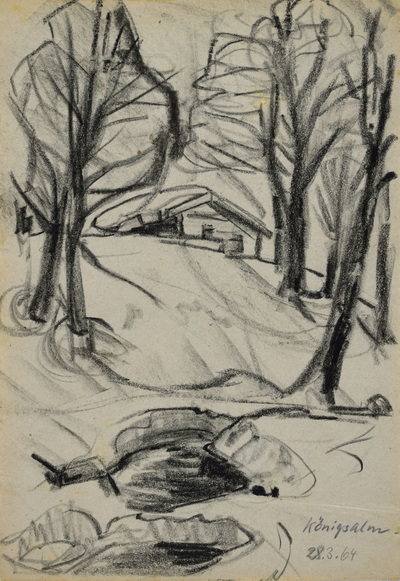 Konrad Sommer:  Königsalm, 28.3.1964, Kohle, Bleistift auf Papier, 24,8 x 17,17 cm, bez.u.r.: Königsalm 28.3.64