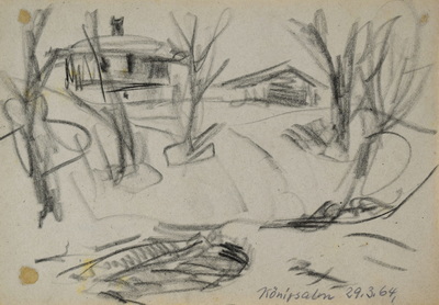Konrad Sommer:  Königsalm, 29.3.1964, Kohle, Bleistift auf Papier, 17,0 x 24,5 cm, bez.u.r.: Königsalm 29.3.64.