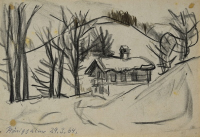 Konrad Sommer: Königsalm, 29.3.1964, Kohle, Bleistift auf Papier, 17,1 x 24,5 cm, bez.u.l.: Königsalm 29.3.64.