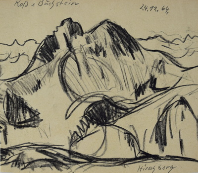 Konrad Sommer:  Roßstein, Buchstein vom Hirschberg, 24.12.1964, Kohle, Bleistift auf Papier, 20,3 x 24,0 cm, bez.o.: Roß u Buchstein, 24.12.64.