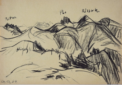 Konrad Sommer:  Blick auf die Rotwand, den Hirschberg, den Plankenstein und den Risserkogl , 24.12.1964, Kohle, Bleistift auf Papier, 20,6 x 29,6 cm, 
						bez.o.: Rotw., Pl, Risserk. Hirschb. u.l.: 24.12.64.