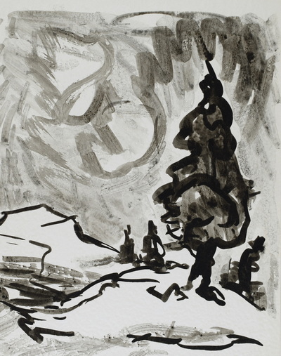 Konrad Sommer:  Tanne auf einer Erhebung, um 1964,  Tusche auf Papier, 27,0 x 21,3 cm, Sammlung Michael Gorkow