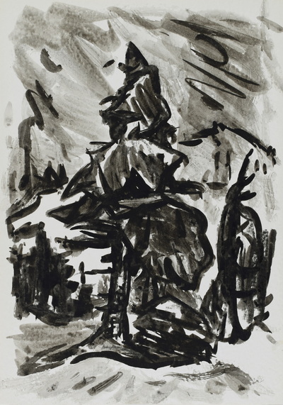 Konrad Sommer:  Tanne vor Bergekulisse, um 1964,  Tusche auf Papier, 28,3 x 20,0 cm, Sammlung Michael Gorkow