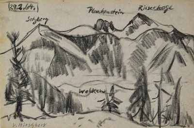 Konrad Sommer:  Blick von Hirschberg auf Setzberg, Plankenstein, Risserkogl, 1964,  Kohle, Bleistift  auf Papier, 29,8 x 40,0 cm, 
						bez. o.:29.2.64. Setzberg, Plankenstein, Risserkogl, u.r.: v. Hirschberg