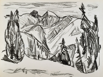 Konrad Sommer: Plankenstein, Risserkogl, 1964,  Kohle auf Papier, 29,8 x 40,0 cm