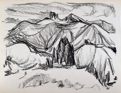 Konrad Sommer:  Plankenstein und Riserkogl, 1964,  Kohle auf Papier, 30,5 x 40,0 cm
