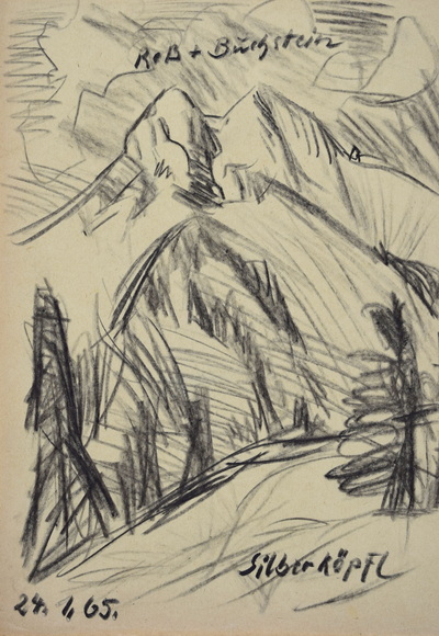 Konrad Sommer: Roßstein und Buchstein, 24.1.1965,  Kohle auf Papier, 29,0 x 20,6 cm, bez.o.: Roß+Buchstein, u.: 24.1.65. Silberköpfl