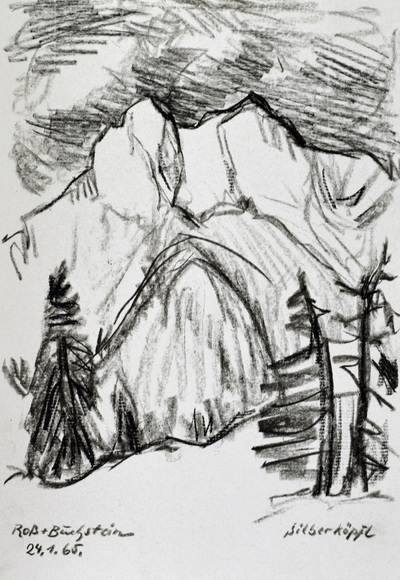 Konrad Sommer, Roßstein und Buchstein, 24.1.1965, Kohle auf Papier, 30,5 x 21,9 cm, bez.u.l.: Roß + Buchstein 24.1.65., u.r.: Silberköpfl 