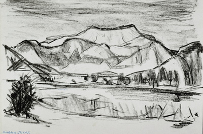 Konrad Sommer: Hirschberg, 30.1.1965, Kohle, Kugelschreiber auf Papier, 19,9 x 30,5 cm, bze. u.l.: Hirschberg 30.1.65.  