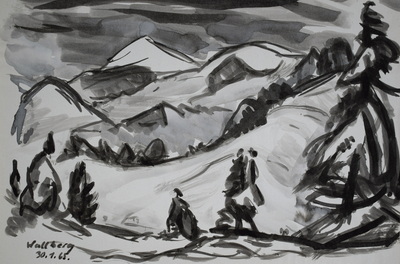 Konrad Sommer: Wallberg, 30.1.1965,  Tusche auf Papier, 20,0 x 29,5 cm, bez.u.l.: Wallberg 30.1.65., Sammlung Michael Gorkow 