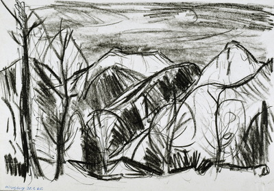 Konrad Sommer:  Hirschberg, 30.1.1965, Kohle, Kugelschreiber auf Papier, 20,8 x 30,6 cm, bez.u.r.: Hirschberg 30.1.65.