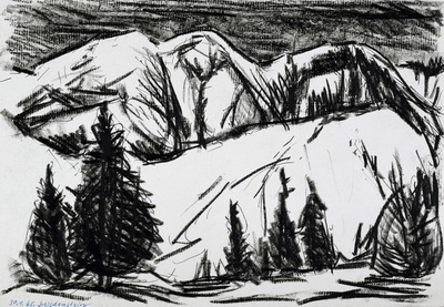 Konrad Sommer: Schildenstein, 30.1.1965,  Kohle, Kugelschreiber auf Papier, 20,9 x 30,5 cm, bez.u.l.: 30.1.65. Schildenstein 
