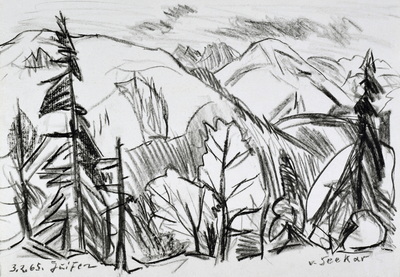 Konrad Sommer: Juifen vom Seekar, um 1965, Kohle auf Papier, 21,1 x 30,5 cm, bez.u.l.: 3.2.65. Juifen, u.r.: v. Seekar
