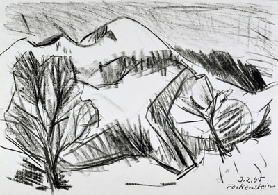 Konrad Sommer, Forkenstein, 3.2.1965,  Kohle auf Papier, 21,1 x 30,5 cm, bez.u.r.: 3.2.65 Forkenstein 