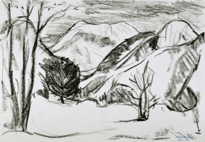 Konrad Sommer: Hirschberg, 1965, Kohle, Kugelschreiber auf Papier, 20,8 x 30,5 cm, bez.u.r.: Hirschberg 30.1.65.