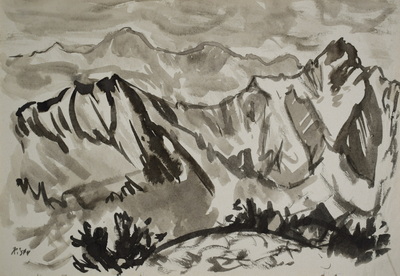 Konrad Sommer: Zwei hintereinanderliegende Gebirgswände, um 1965, Tusche auf Papier, 20,2 x 29,8 cm, bez.u.l.: K.S., Sammlung Michael Gorkow