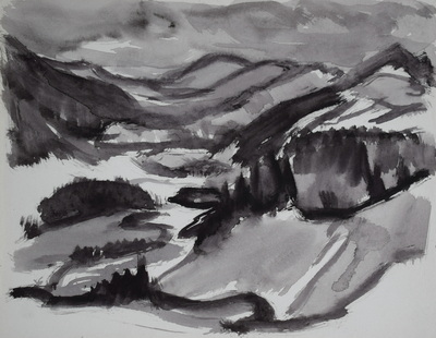Konrad Sommer: Blick ins Gebirge, um 1965, Tusche auf Papier, 18,5 x 23,5 cm,  Sammlung Michael Gorkow