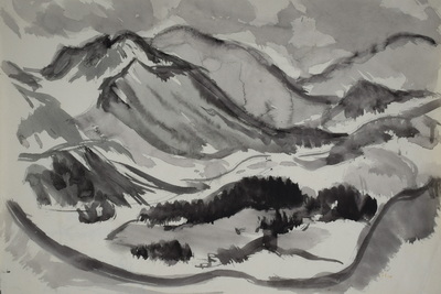Konrad Sommer: Gebirgstal, um 1965, Tusche auf Papier, 20,0 x 29,5 cm, Sammlung Michael Gorkow