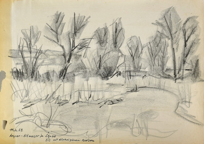 Konrad Sommer, Amper, Altwasser im Schnee, Eis, 11.2.1967,  Kohle, Feder auf Papier, 29,7 x 42,0 cm, bez.u.l.: 11.2.67 Amper Altwasser im Schnee, Eis mit dunkelgrünen Kreisen 
