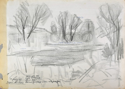 Konrad Sommer: Amper mit Schnee, 11.2.1967,  Kohle, Feder auf Papier, 29,7 x 42,0 cm, bez.u.l.: 11 Febr 67 Amper mit Schnee