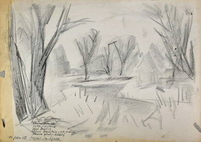 Konrad Sommer: Amper im Schnee, 11.2.1967, Kohle, Feder auf Papier, 29,7 x 42,0 cm, bez.u.l.: 11. Febr 67. Amper im Schnee  