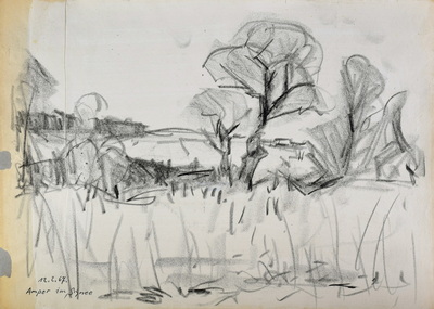 Konrad Sommer, Amper im Schnee, 12.2.1967, Kohle, Feder auf Papier, 29,7 x 42,0 cm, bez.u.l.: 12.2.67. Amper im Schnee 
