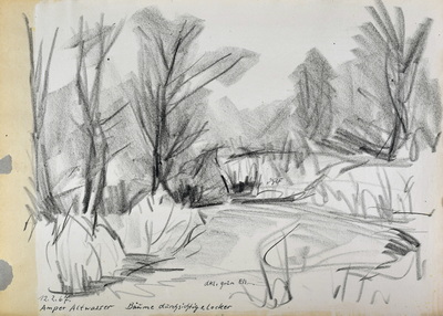 Konrad Sommer: Amper, Altwasser, 12.2.1967, Kohle, Feder auf Papier, 29,7 x 42,0 cm, bez.u.l. 12.2.67. Amper Altwasser 
