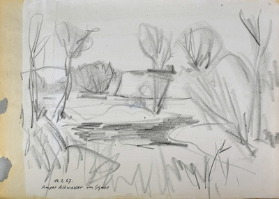 Konrad Sommer: Amper, Altwasser im Schnee, 12.2.1967, Kohle, Feder auf Papier, 29,7 x 42,0 cm, bez.u.l.: 12.2.67. Amper Altwasser im Schnee