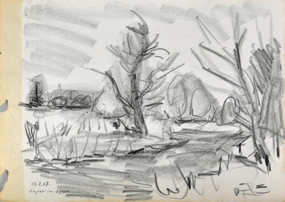 Konrad Sommer:  Amper im Schnee, 12.2.1967, Kohle, Feder auf Papier, 29,7 x 42,0 cm, bez.u.l.: 12.2.67. Amper im Schnee