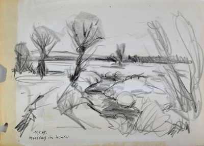 Konrad Sommer: Moosbach im Winter, 12.2.1967, Kohle, Feder auf Papier, 29,7 x 42,0 cm, bez.u.l.: 12.2.67. Moosbach im Winter