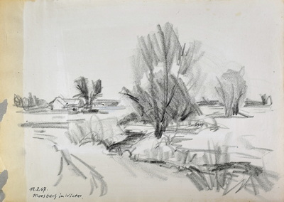 Konrad Sommer, Moosbach im Winter, 12.2.1967, Kohle, Feder auf Papier, 29,7 x 42,0 cm, bez.u.l.: 12.2.67. Moosbach im Winter 