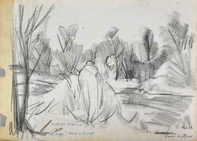 Konrad Sommer: Amper im Schnee, 12.2.1967, Kohle, Feder, Kugelschreiber auf Papier, 29,7 x 42,0 cm, bez.u.r.: 12.2.67. Amper im Schnee