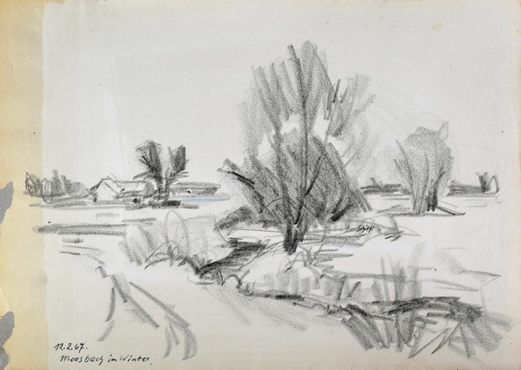Konrad Sommer, Moosbach im Winter, 12.2.1967, Tusche, Feder, Kohle auf Papier, 29,7 x 42,0 cm, bez. u.l.: 12.2.67 Moosbach im Winter
