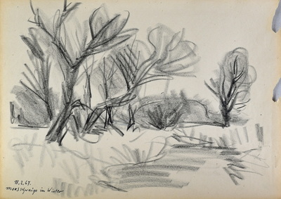 Konrad Sommer:  Moosschwaige im Winter, 18.2.1967, Kohle, Feder auf Papier, 29,7 x 42,0 cm, bez.u.l.: 18.2.67. Moosschwaige im Winter
