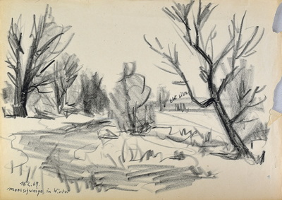 Konrad Sommer: Moosschwaige im Winter, 18.2.1967, Kohle, Feder auf Papier, 29,7 x 42,0 cm, bez.u.l.: 18.2.67. Moosschwaige im Winter