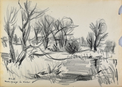 Konrad Sommer, Moosschwaige im Winter, 18.2.1967, Kohle, Feder auf Papier, 29,7 x 42,0 cm, bez.u.l.: 18.2.67. Moosschwaige im Winter  