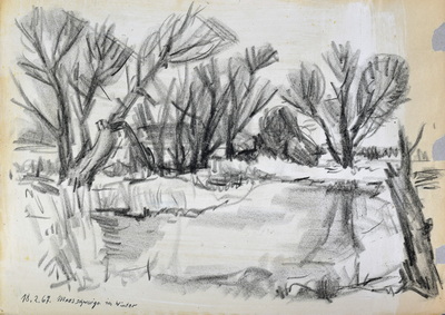 Konrad Sommer:  Moosschwaige im Winter, 18.2.1967, Kohle, Feder auf Papier, 29,7 x 42,0 cm, bez.u.l.: 18.2.67. Moosschwaige im Winter