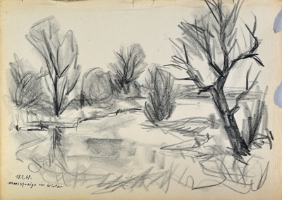 Konrad Sommer, Moosschwaige im Winter, 18.2.1967, Kohle, Feder auf Papier, 29,7 x 42,0 cm, bez.u.l.: 18.2.67. Moosschwaige im Winter   