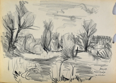 Konrad Sommer: Moosschwaige im Winter, 18.2.1967, Kohle, Feder auf Papier, 29,7 x 42,0 cm, bez.u.r.: 18.2.67. Moosschwaige im Winter