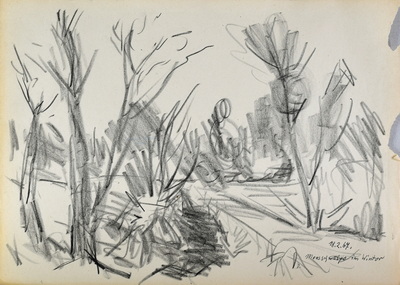 Konrad Sommer, Moosschwaige im Winter, 18.2.1967, Kohle, Feder auf Papier, 29,7 x 42,0 cm, bez.u.r.: 18.2.67. Moosschwaige im Winter 