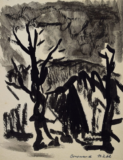 Konrad Sommer:  Benewand, 11.2.1968, Tusche, Pinsel und Feder  auf Papier, 23,8 x 18,2 cm, bez. u.r.: 11.2.68. Benewand