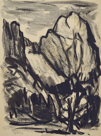 Konrad Sommer, Bergwand mit Baum,  um 1968,  Tusche  auf Papier, 27,0 x 20,2 cm  