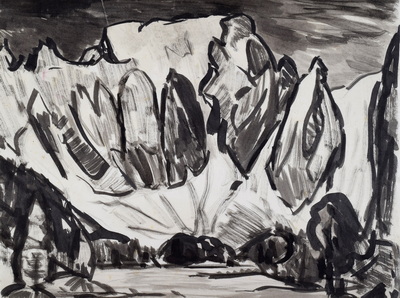 Konrad Sommer: Westwand des Hohen Göll, um 1969,  Tusche auf Papier, 28,7 x 38,5 cm