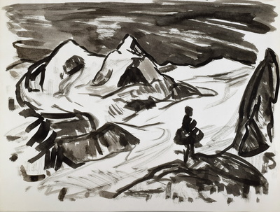 Konrad Sommer:  Baum an einem Gletscher, um 1969, Tusche  auf Papier, 28,7 x 39,7 cm