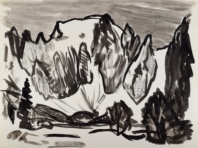 Konrad Sommer, Westwand des Hohen Göll, um 1969, Tusche  auf Papier, 29,6 x 39,8 cm    