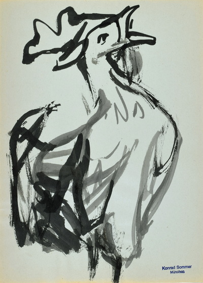 Konrad Sommer: Krähender Hahn, 1970, Tusche, Stempelfarbe  auf Papier, 29,5 x 19,9 cm, bez.u.r. mit Stempel: Konrad Sommer München