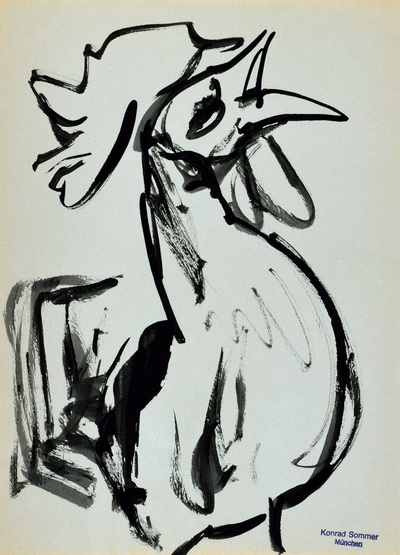 Konrad Sommer: Krähender Hahn, 1970, Tusche, Stempelfarbe  auf Papier, 29,5 x 20,9 cm, bez.u.r. mit Stempel: Konrad Sommer München